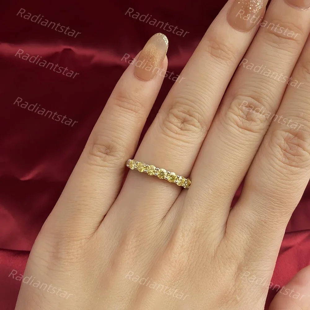 NEW Certified 3mm Lemon Yellow Moissanite 7 Stone Half Eternity Band Ring